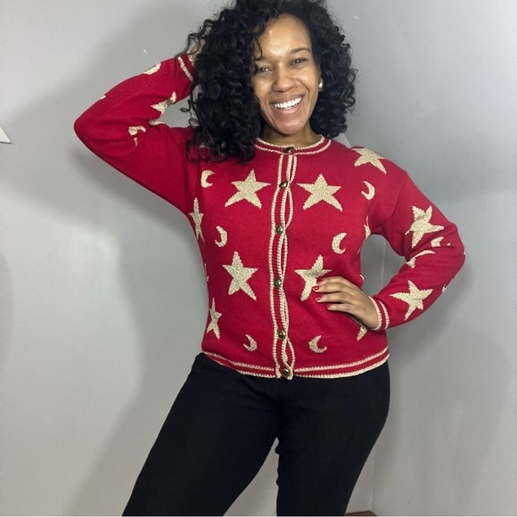 Vintage Americana Red Stars Sweater Patriotic Knit Cardigan Glitter Festive July - Picture 14 of 14